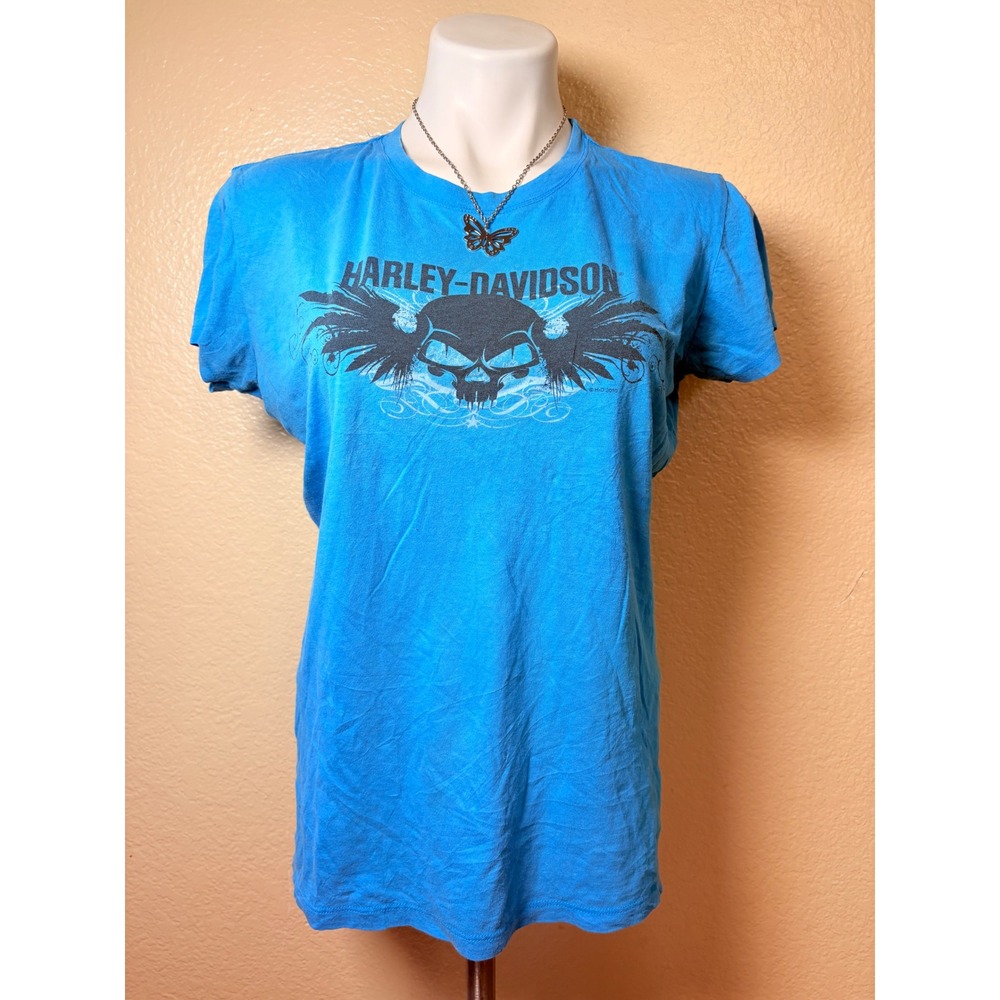 ❌❌❌SOLD❌❌❌Y2K Harley-Davidson Women Blue Winged Skull Graphic T-Shirt XL #7